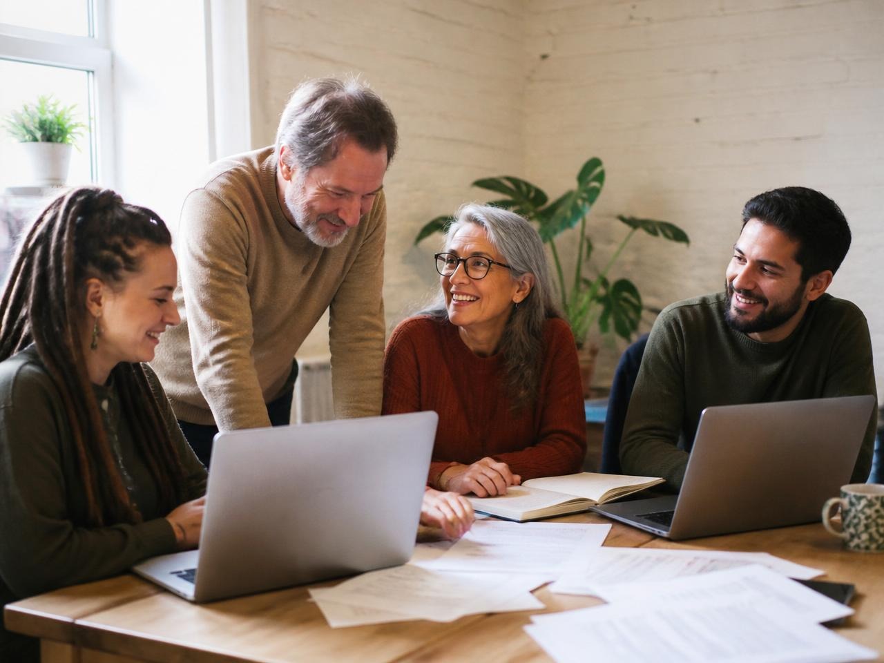 Equipo de una cooperativa colaborando en una oficina cercana